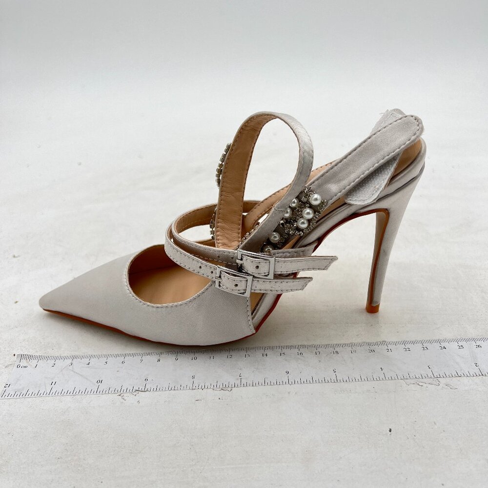 YDN Grey Pointed Toe Pearl Rhinestone Sandals Strappy Stiletto High Heels Shoes